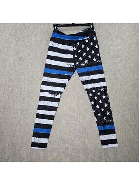 Charlies Project Women Leggings Black & White US Flag Blue Stripe Size (4-14)